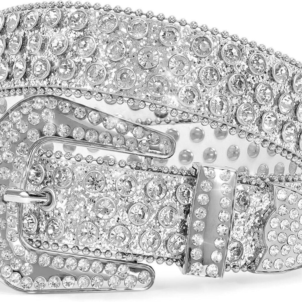 Leather Belt Rhinestone Bling Studded 1.5 Inch Steel Buckle Unisex Fashion